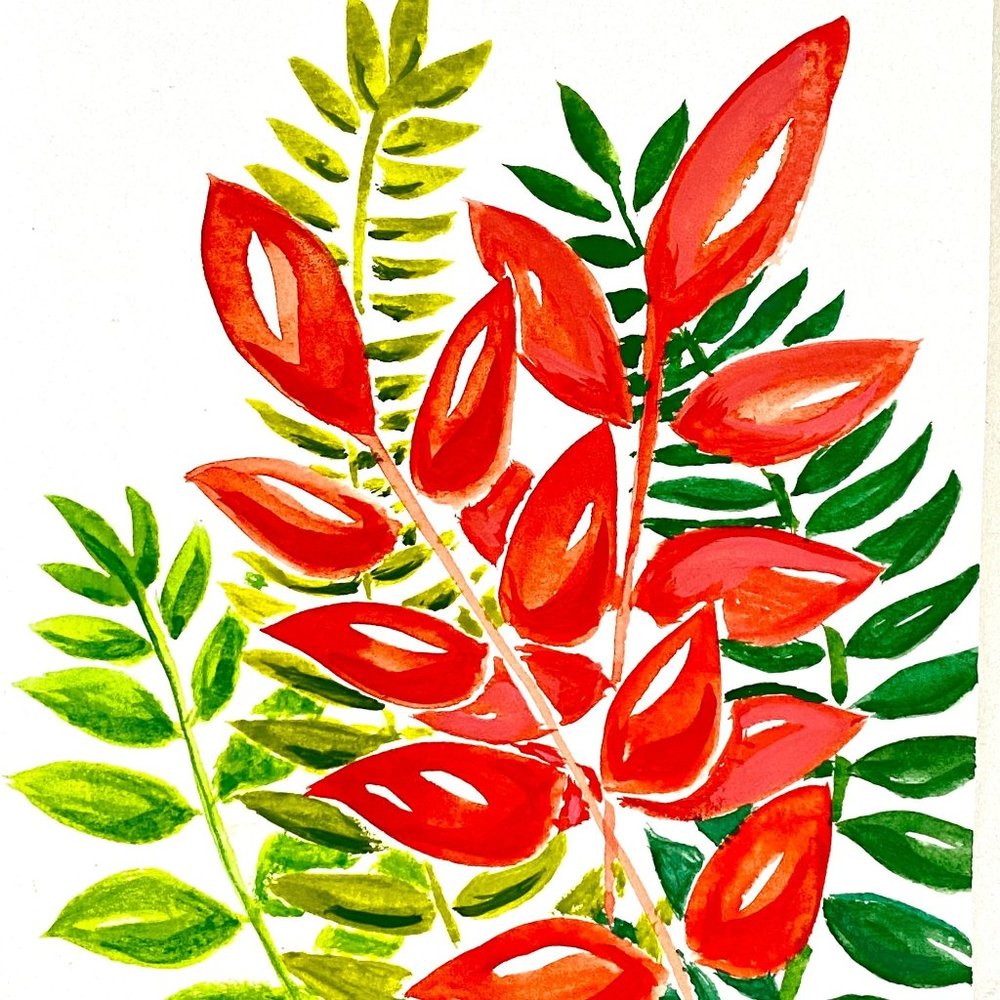 Funky Leaves - Original Wall Art Watercolor Painting Matted Frame Ready 8x10in